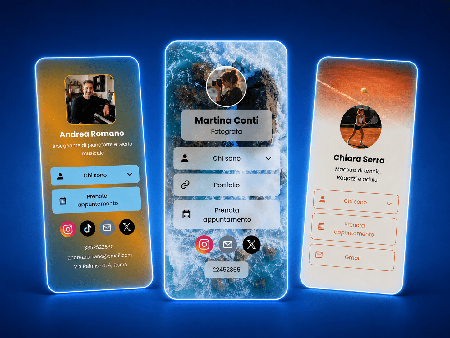 Tre schede Linkatelo personalizzate su smartphone