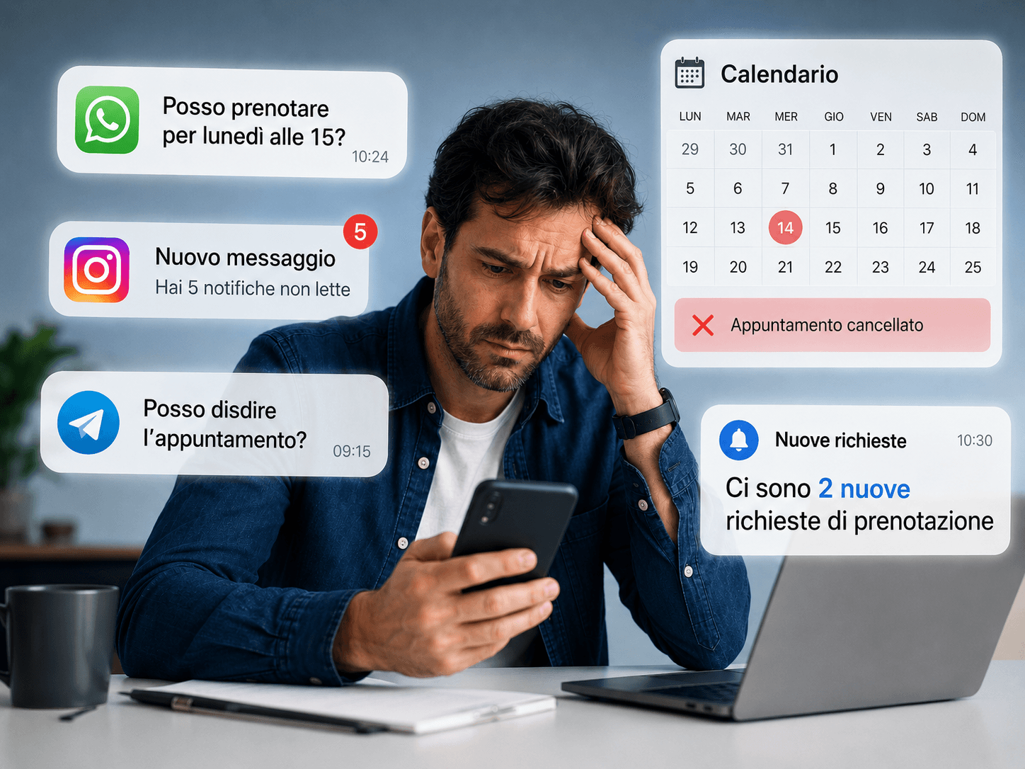 Professionista sommerso da messaggi e prenotazioni su più app